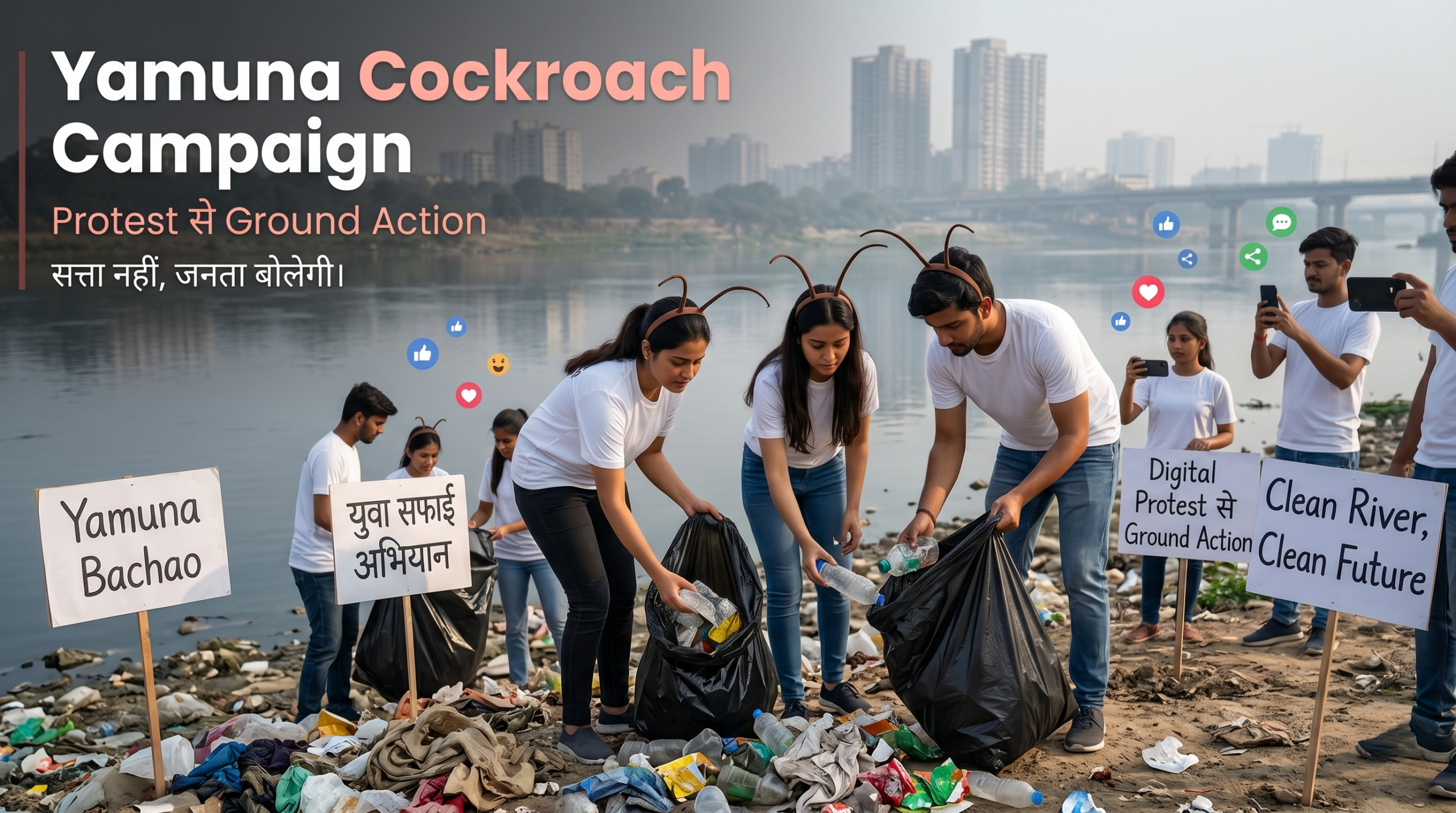 Yamuna Cockroach Campaign में युवा volunteers Yamuna riverbank cleanup करते हुए